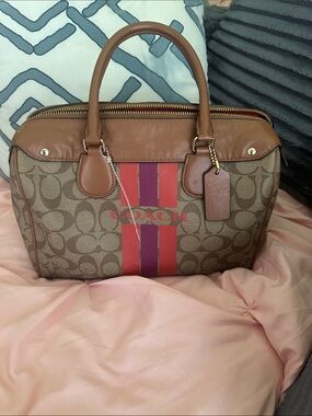 Coach Brown Signature Satchel with Center Stripe